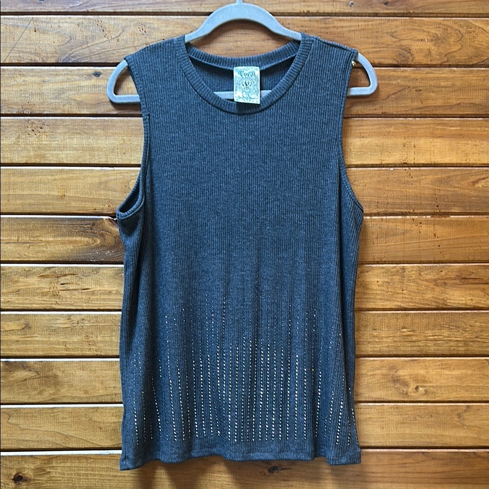 Vocal Charcoal Ribbed Sleeveless Tank With Rhinestones 1XL
